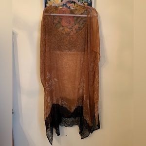 Elizabeth Gillet for Anthropologie Sheer Caftan with Black Lace Hem, OS